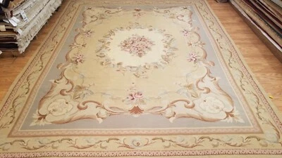 Alfombra de área 100 % lana tejida a mano 9 x 12 French Aubusson punta de aguja Foto 1 de 4