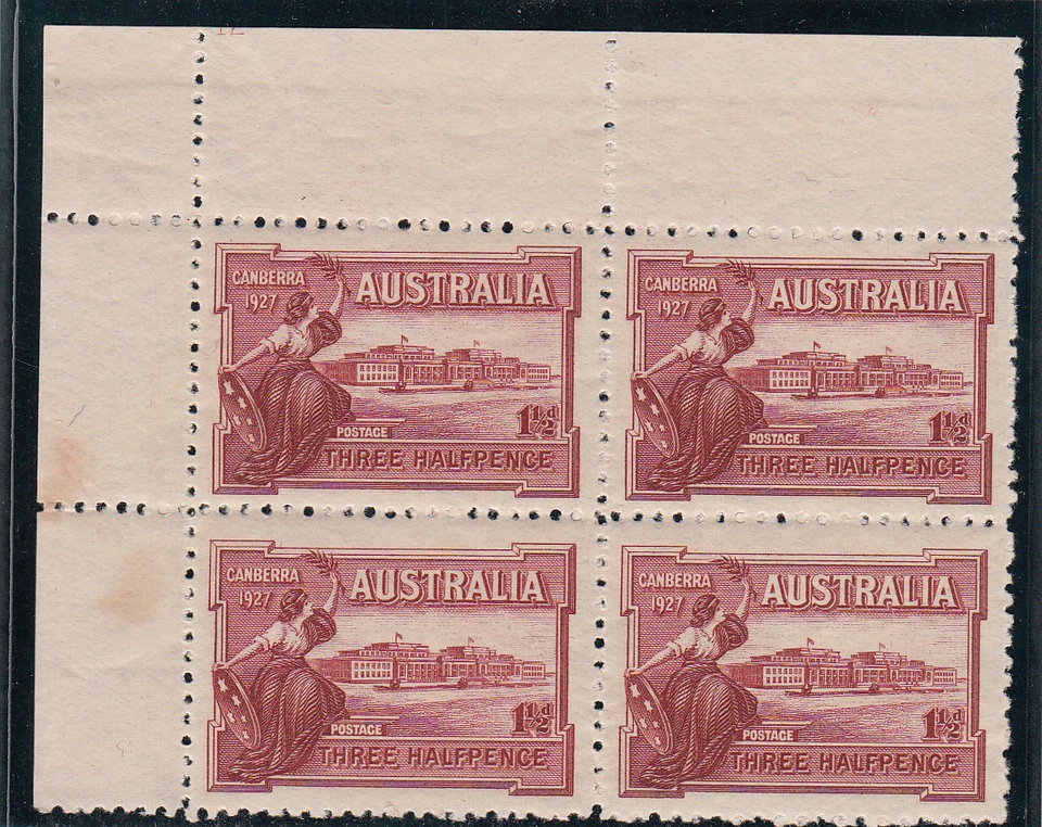 Stamps Australia Canberra 1927 commemorative stamp plate 12 block of 4 MUH toned - Image 1 of 2