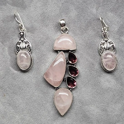 Set Of Rose Quartz W Amethyst Accents  Sterling Silver 925 Pendant And Earrings - Image 1 of 4