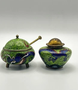 Cobalt Cloisonne Lidded Mustard Pot & Salt Celler Set Dragon Motif Chinese - Picture 1 of 10
