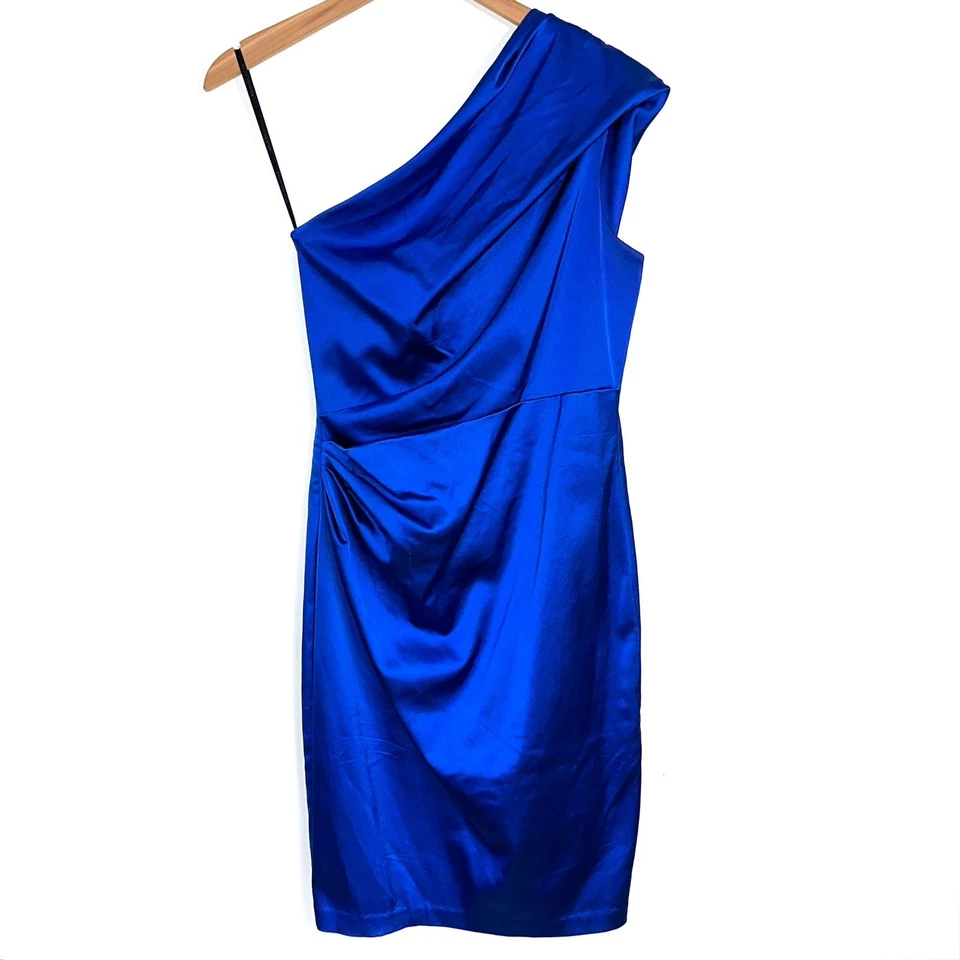 Vestido de cóctel David Meister azul real satinado con un hombro talla 6 Foto 1 de 4