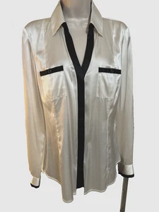 White House Black Market blouse stretch silk cream white/black accents lg slv 10 - Picture 1 of 13