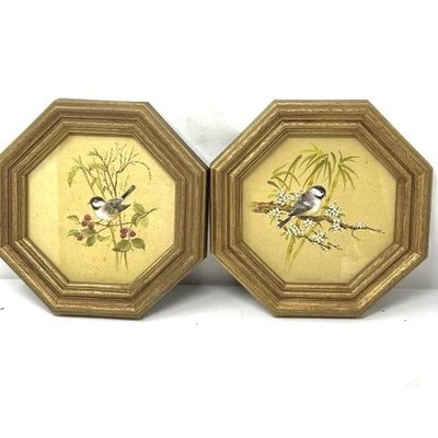 Vintage Homco Octagon Framed Chickadee Bird Prints Wall Decor Set 2 - Image 1 of 4