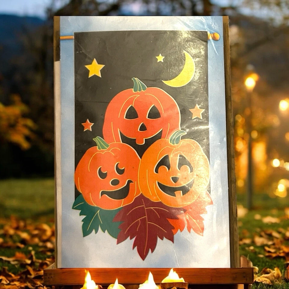 VTG 90s Halloween Jack O’ Lantern Trio Nylon Appliqué Yard Flag 28 in x 44 in - Image 1 of 4