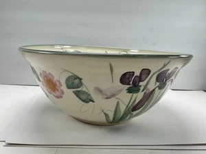 Iris Bowl pottery handmade 11X5" in straw basket green border floral signed - Picture 1 of 11