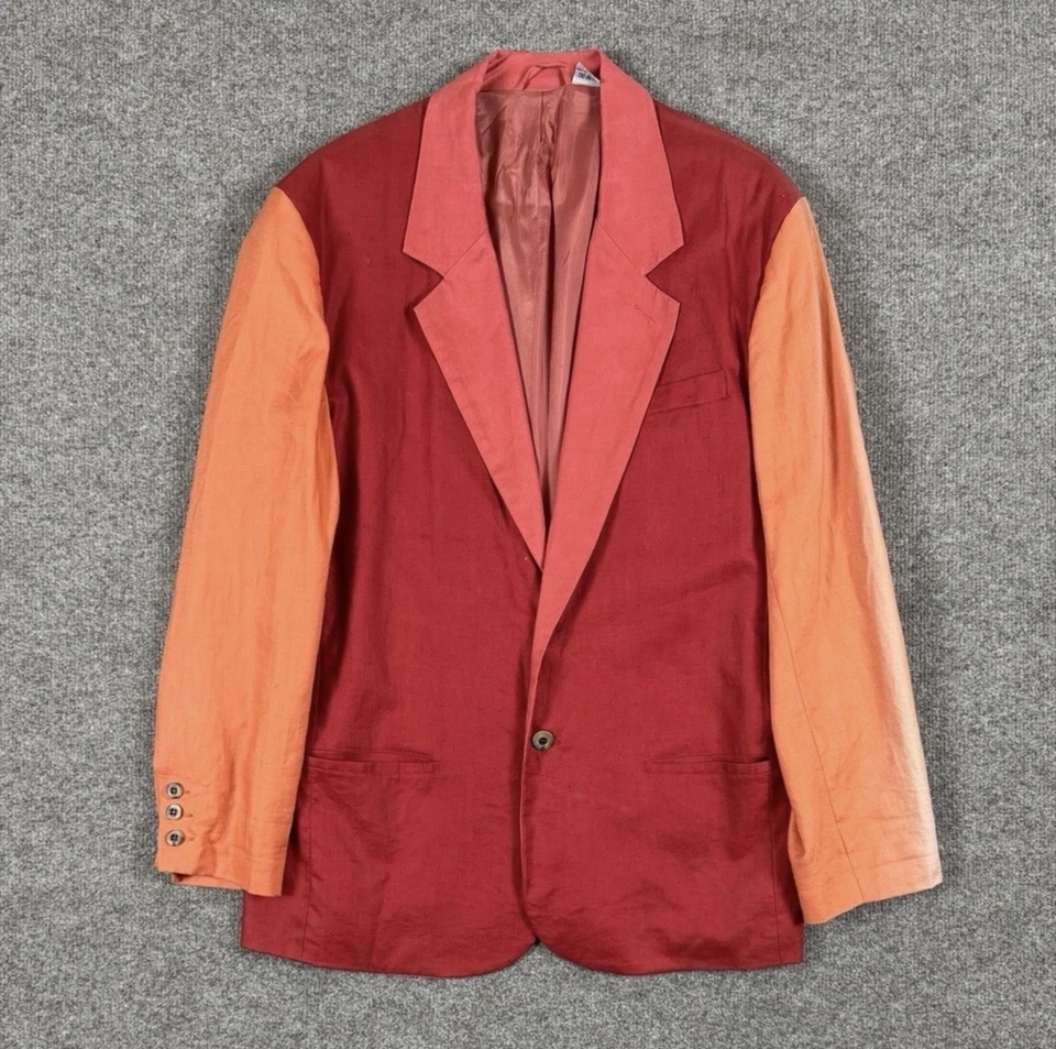 Retro 100% Linen 2 Button Blazer Jacket Sports Coat Mens L Red Orange Colorblock - Image 1 of 4