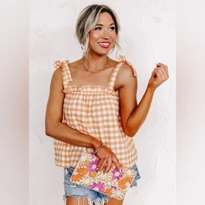 Mine Boutique Ruffled Gingham Blouse Orange White - Picture 1 of 11