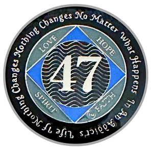 NA 47 Year Medallion, Silver, Blue Color, Epoxy Plated Narcotics Anonymous Coin - Imagen 1 de 2