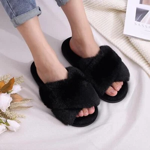 Women’s Fuzzy Memory Foam House Slippers – Cross Band Open Toe Indoor Slides - Picture 1 of 7