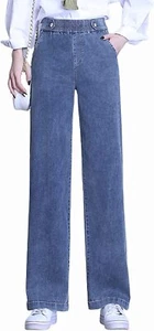 Women's Casual Elastic Waist Straight Leg Regular Fit Denim Jeans Pants 6 - Picture 1 of 7