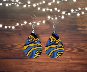 Blue Yellow Agate Print Wood Tear Drop Earrings - Picture 1 of 4