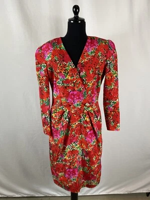 Vestido Raúl Blanco Vintage 100% Seda Rojo, Verde, Rosa Estampado Talla 10 Foto 1 de 4