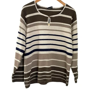 Vintage 90s Y2K Fashion Bug Striped Sweater Top XL Earth Tones Granola Gorpcore - Picture 1 of 3