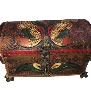 Vintage Wooden Treasure Chest Tooled Storage Jewelry Box Multiple Colored - Picture 1 of 22