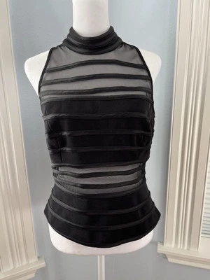 JS Collections Womens Sleeveless High Neck Top US 12 Black Stripe Sheer Mesh - Image 1 of 4