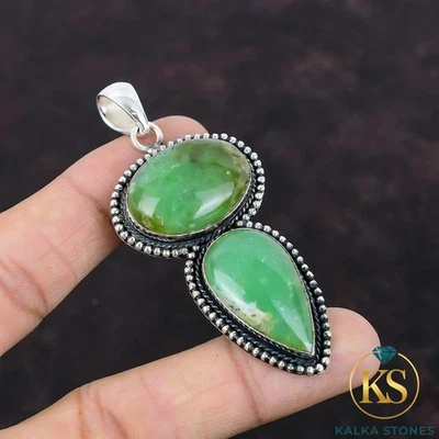 Valentines Deal 925 Silver Heart Chakra Chrysoprase Stone Sister Vintage Pendant - Изображение 1 из 4