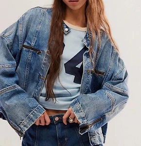 NEW Free People We The Free Dia Denim Moto Jacket M Medium Oversized Bomber - Picture 1 of 5