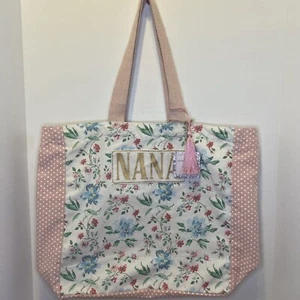 NWT Laura Ashley Floral Large Canvas Tote Bag White Blue Pink Cottagecore Boho - Picture 1 of 8