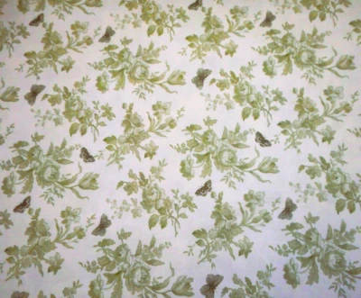 Quilt Fabric 2/3++ Yard Dusty Green Butterfly & Floral on Ivory Premium Cotton - Image 1 of 2