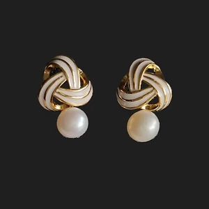 Natural 6mm Pearl Knot Drop Stud Earrings 14k Yellow Gold-Plated 925 Silver - Picture 1 of 5