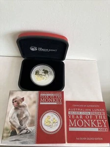 2016 Australien Silber 1 Oz. Münze Mondjahr des Affen goldvergoldet Perth neuwertig - Bild 1 von 6