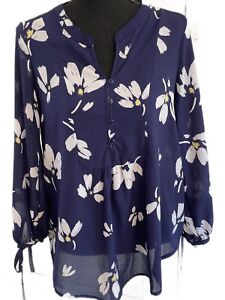 Liz Claiborne Navy Floral Blouse Spring Top. Accent bows on sleeves. S