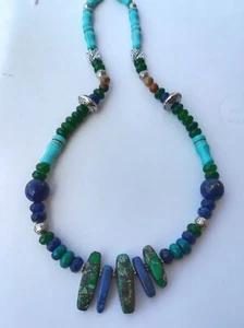 COLLANA NATIVI AMERICANI TURCHESE GIADA AZURITE LAPIS CRISOCOLLA ZAFFIRI ARGENTO - Foto 1 di 10