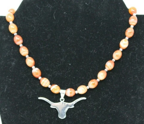 Texas Longhorns Necklace Charm Silver Tone W/Orange Stone Beads Toggle 17.5" J7O Cover
