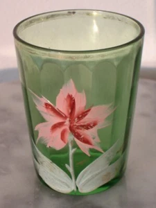 Victorian Art Glass Green Rib Optic Tumbler With Enamel Florals - Picture 1 of 1