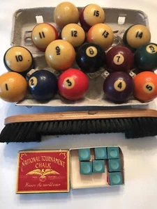 Vintage Pool Billiards Ball Set, Chalk, Table Brush - Picture 1 of 5
