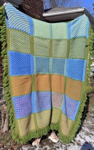 Vintage Afghan Blanket Throw Hand Made Crochet Granny Colorful Spring 51” X 73” - Picture 1 of 6