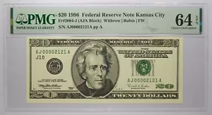 1996 $20 Kansas City Fancy Serial Number 00002121 PMG 64 EPQ - Picture 1 of 2