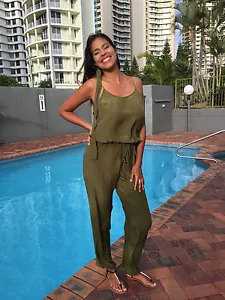 Jumpsuit Khaki Green Silk Crepe Romper,Overall Playsuit 10-14, Kaftan Silk Crepe - Foto 1 di 9
