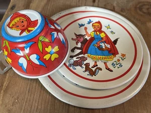 Vintage 1960's Ohio Art Childrens Tin 3 Piece Tea Set Little Red Riding Hood - Picture 1 of 8