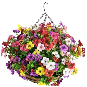 Artificial Hanging Baskets with Flowers - 12 Inch Fake Silk Floral Basket  - Picture 1 of 7
