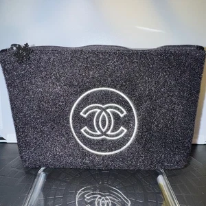 NIB CHANEL Beauté Holiday Black Glitter Cosmetic Bag wBox Red Interior Snowflake - Picture 1 of 6