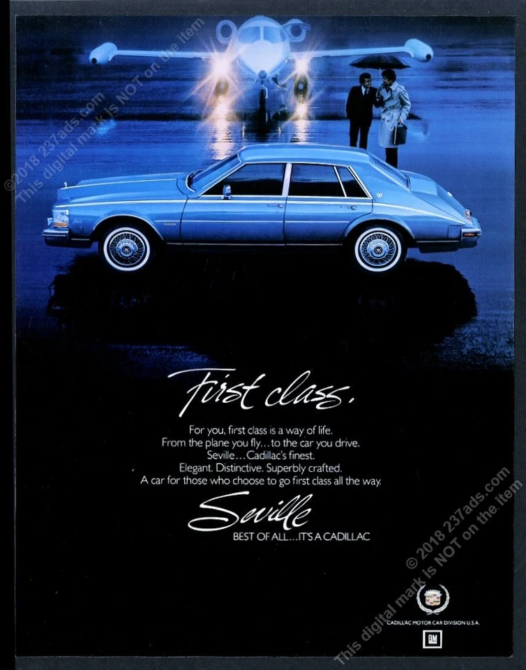 Cadillac Seville 1983 coche azul avión jet privado foto anuncio impreso vintage Foto 1 de 1
