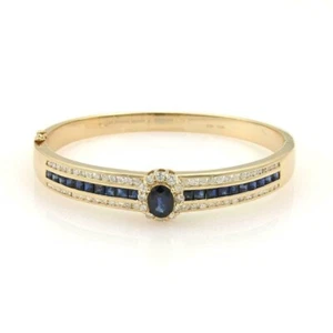 9Ct Oval Blue Sapphire & CZ Diamond Bangle Bracelet Yellow Gold Plated Silver - Picture 1 of 4