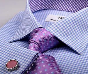 Camicia abito da lavoro formale a quadri e assegni blu viola designer moda di lusso - Foto 1 di 12