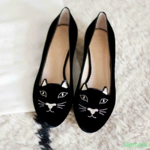 2025 Women Embroidery Cat Pattern Velvet Flats Loafers Charlotte Shoes new Gift - Picture 1 of 14