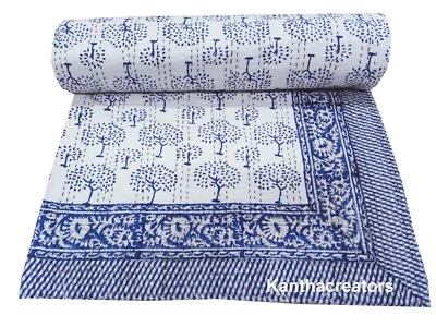 Blue Block Print Cotton Bedspread Indian Kantha Quilt Reversible Blanket Throw - Image 1 of 4