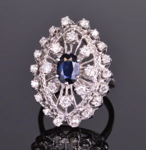 Vintage Inspired Look Blue Sapphire & Old Mine Cut Cubic Zirconia Beautiful Ring - Picture 1 of 4