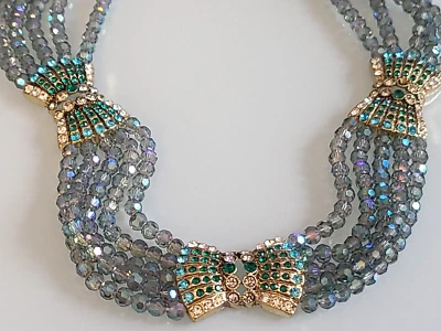 FAB DESIGNER  UNSIGNED 5 STRAND CRYSTAL BIB AURORA BOREALIS BOW NECKLACE WOWSER - Image 1 of 4