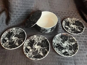 VILLEROY & BOCH Marble VITRO PORCELAIN Trinket Dish With Lid + 4 Coasters BLACK - Picture 1 of 9