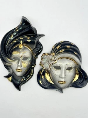 Pair Of 2 Venetian Style Masks Blue & Gold 80s Art Deco Vibe Wall Decor Vtg - Image 1 of 4
