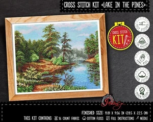 Lake in the Pines Cross Stitch Kit Forest Landscape Embroidery Kit for Adults - Picture 1 of 9