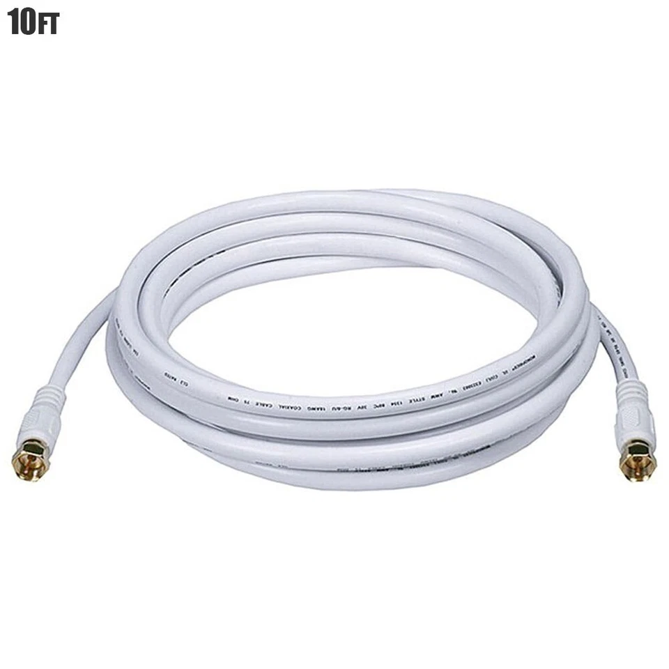 10FT F Type Male to Male RG6 Coax Coaxial Cable TV Antenna Satellite 18AWG White - Image 1 of 1