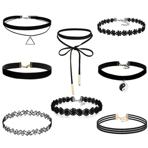 Women's Black Choker Necklaces Set Gothic Velvet Stretch Tattoo Chocker Tassel - Picture 1 of 1