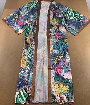 Женщин один размер цветной напечатано атласный открытый передний длинный кимоно новый - Изображение 1 из 4