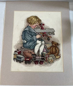 Needlepoint Completed Child Boy With Toys Airplane unframed - Picture 1 of 7
